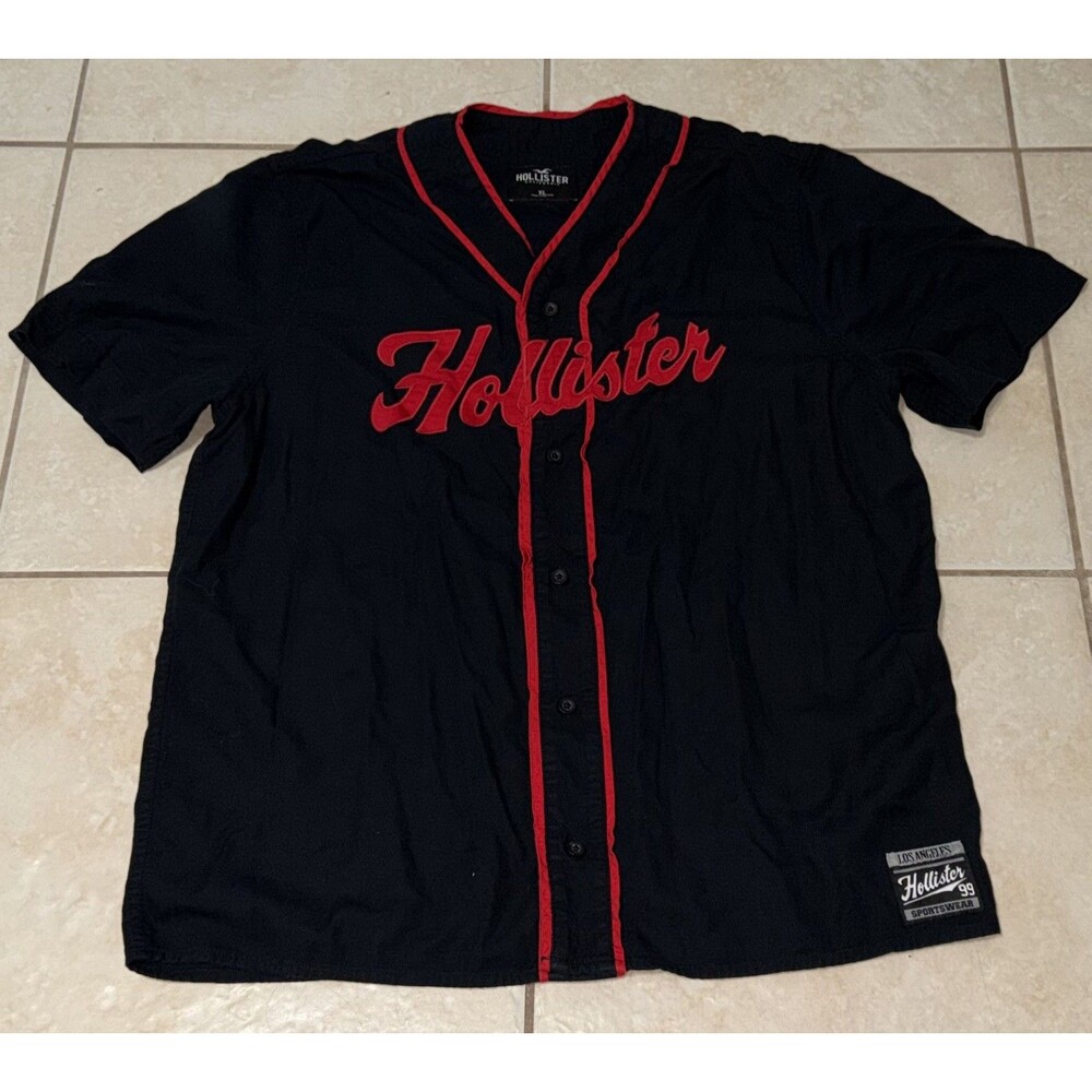Hollister Baseball Shirt Button-Up Mens XL Black & Red